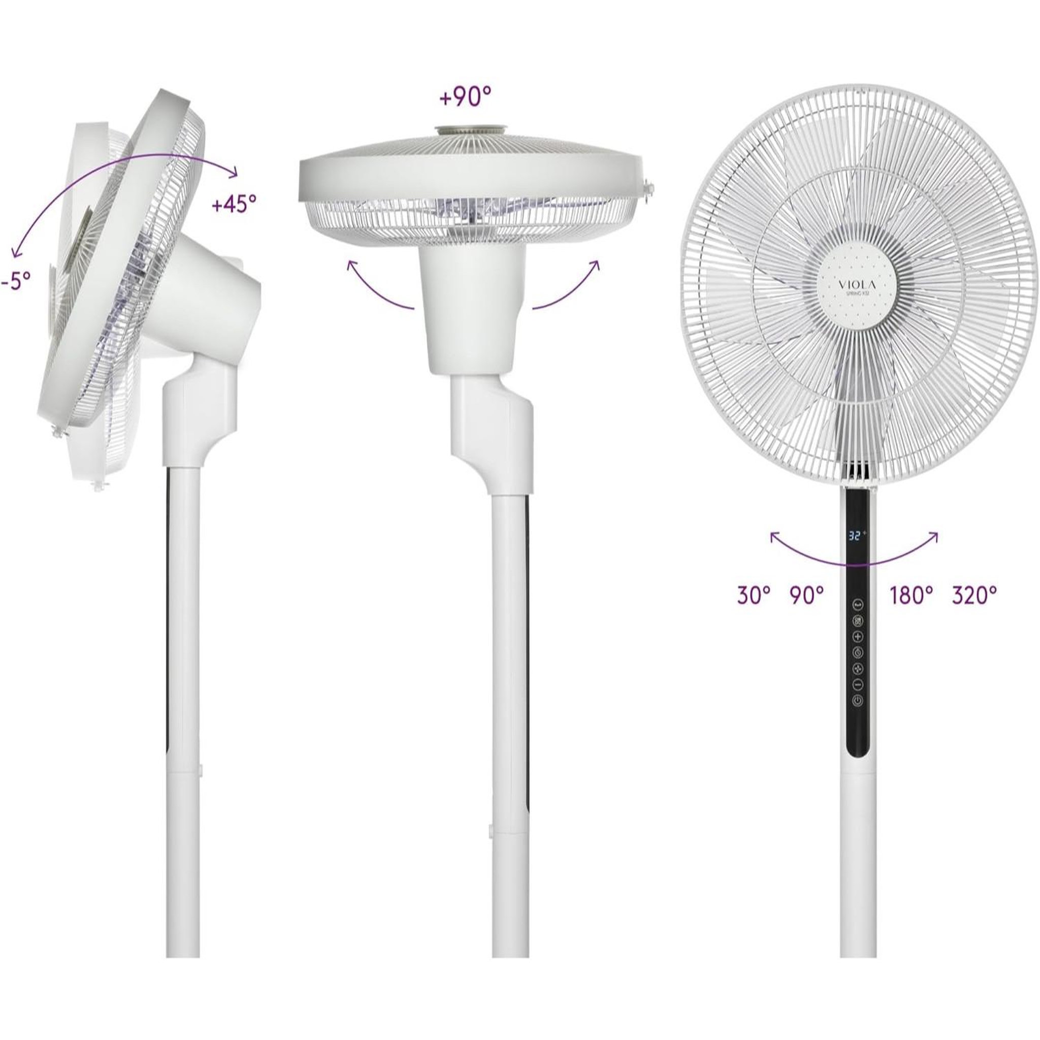 Voir la diapositive 5 : VIOLA Spring X32 Ventilateur sur Pied Silencieux avec Télécommande, Moteur Brushless Économie, Puissant Flux d'air, 32 Vitesses, Oscillant 320°, Hauteur réglable, Incliner vers le haut 90°, Minuterie