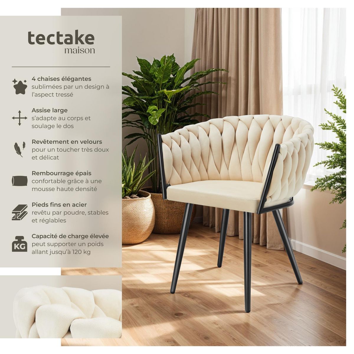 tectake Lot de chaises de salle à manger rembourrée avec revêtement en velours et design noué sable Lot de 4