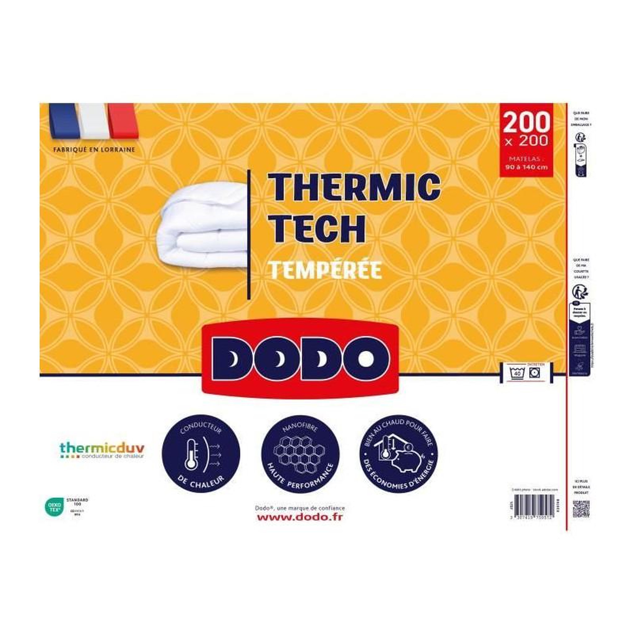 Voir la diapositive 2 : DODO DODO - Couette tempérée 250 g/m² - THERMIC TECH - 200 x 200 cm - Blanc