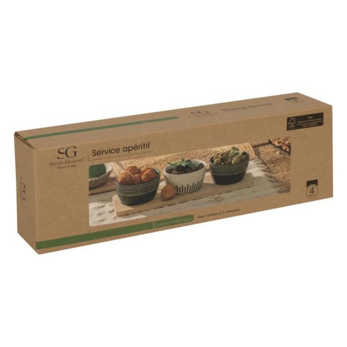 SECRET DE GOURMET Service Apéritif 4 Pièces  Ethnique  32cm Noir & Blanc