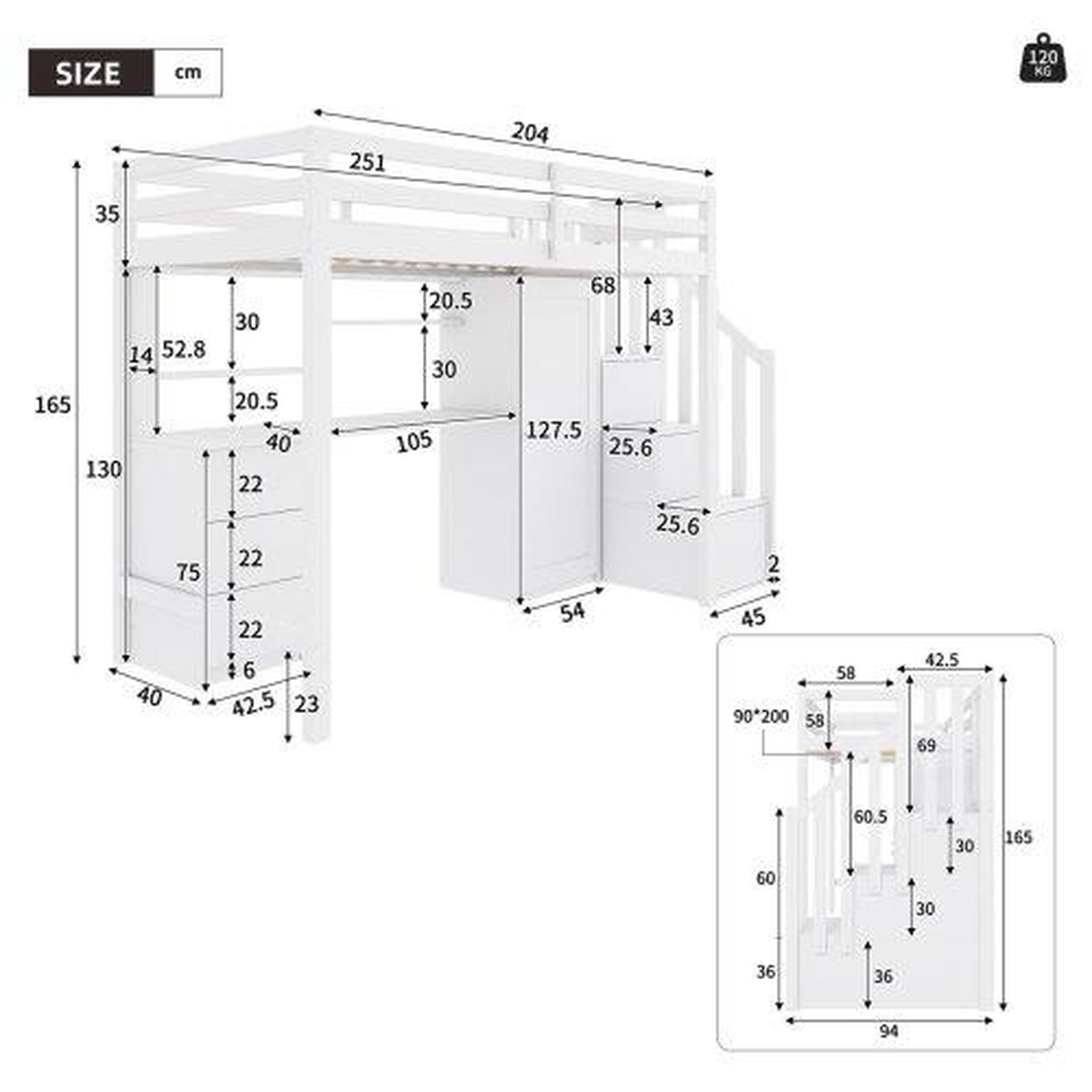Voir la diapositive 3 : MERAX Lit combiné enfant 90x200 cm coloris blanc bois massif