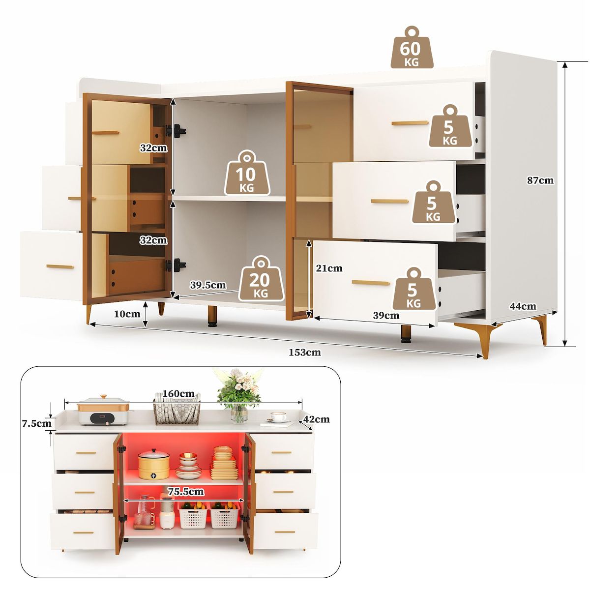 MERAX Buffet 2 porte(s) 6 tiroir(s) - 160 cm blanc led mdf