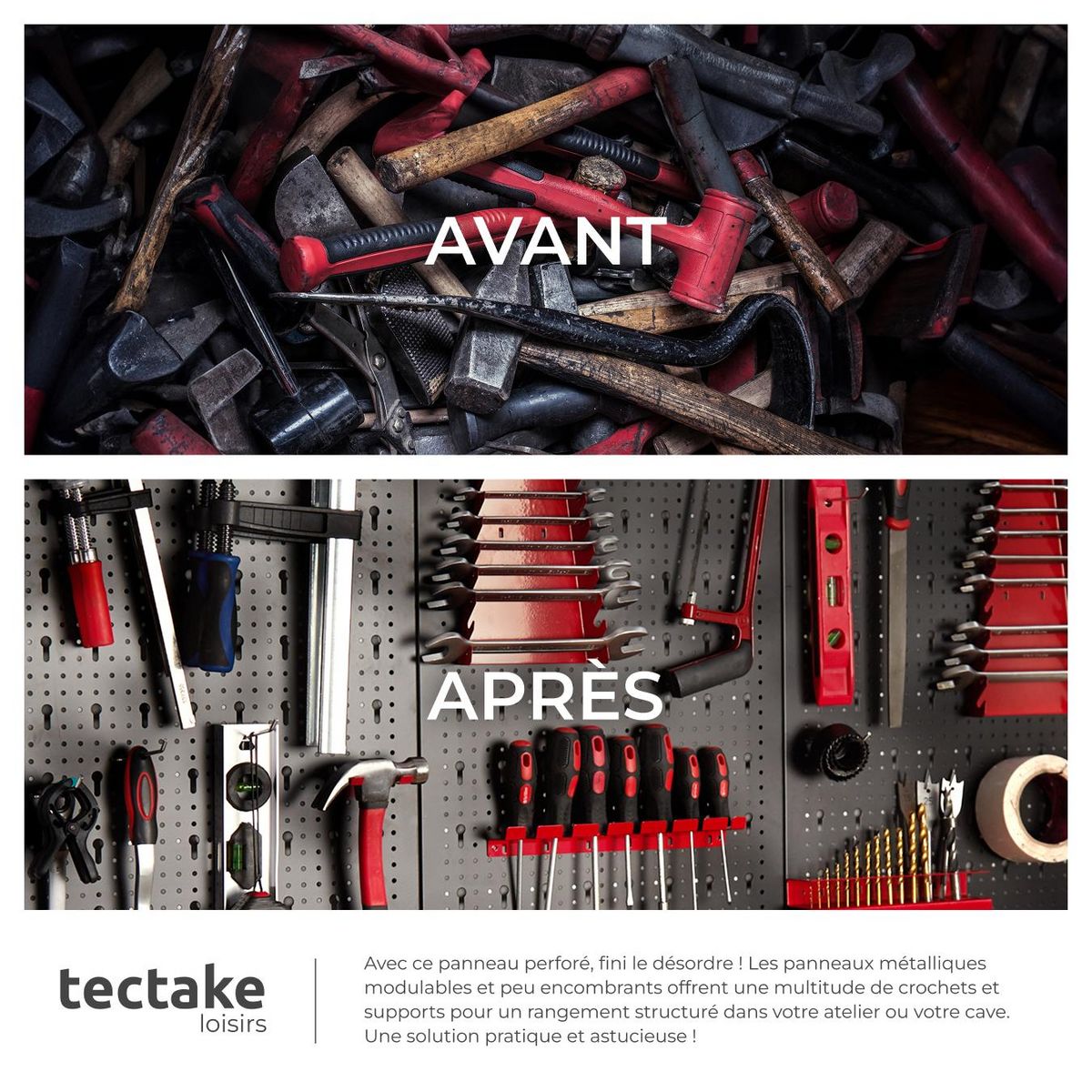 tectake Panneau perforé Structure en acier noir/rouge Ensemble de 3 pièces