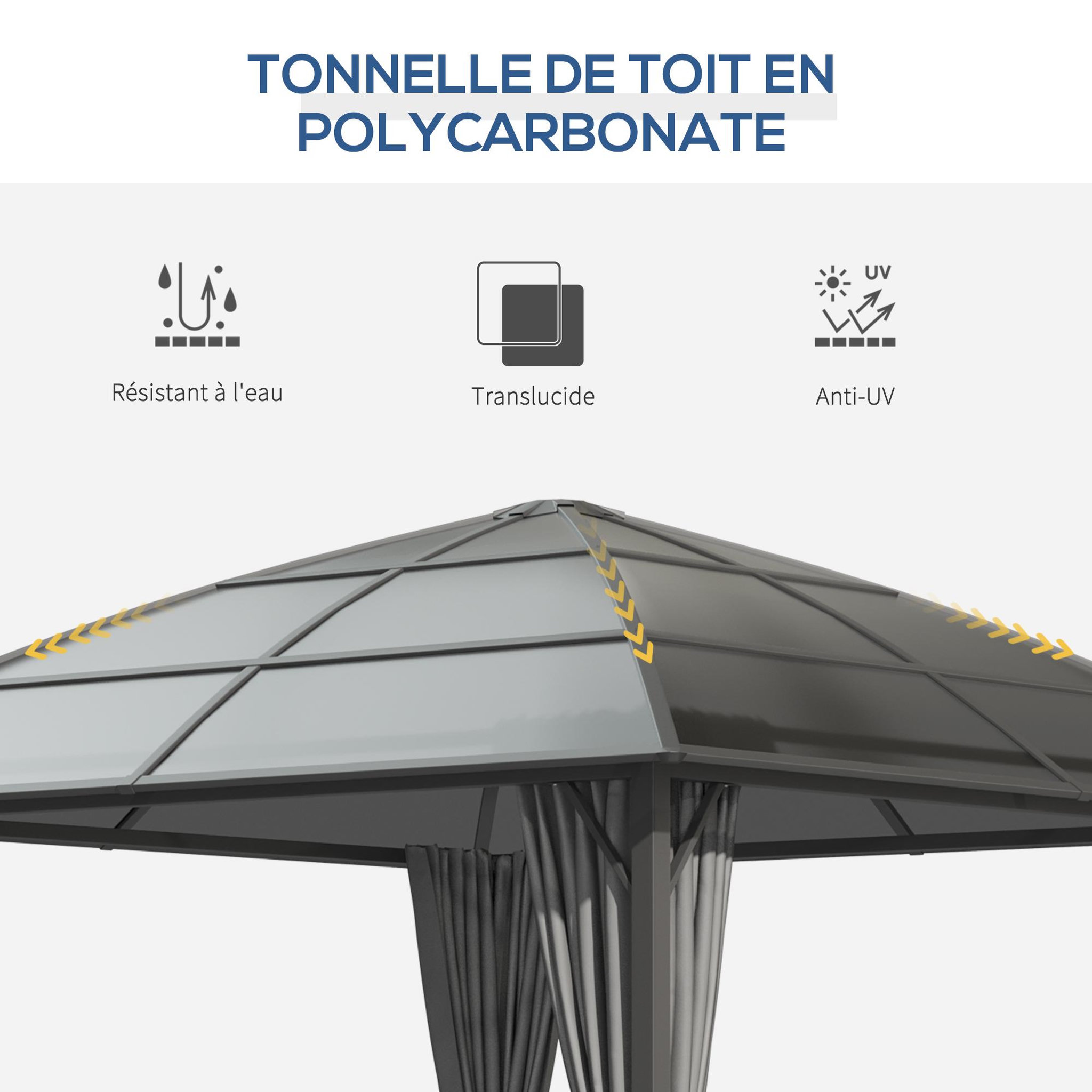 Voir la diapositive 4 : OUTSUNNY Pavillon de jardin barnum rigide dim. 3,05L x 3,05l x 2,7H m 4 rideaux zippés alu. acier polycarbonate noir polyester gris