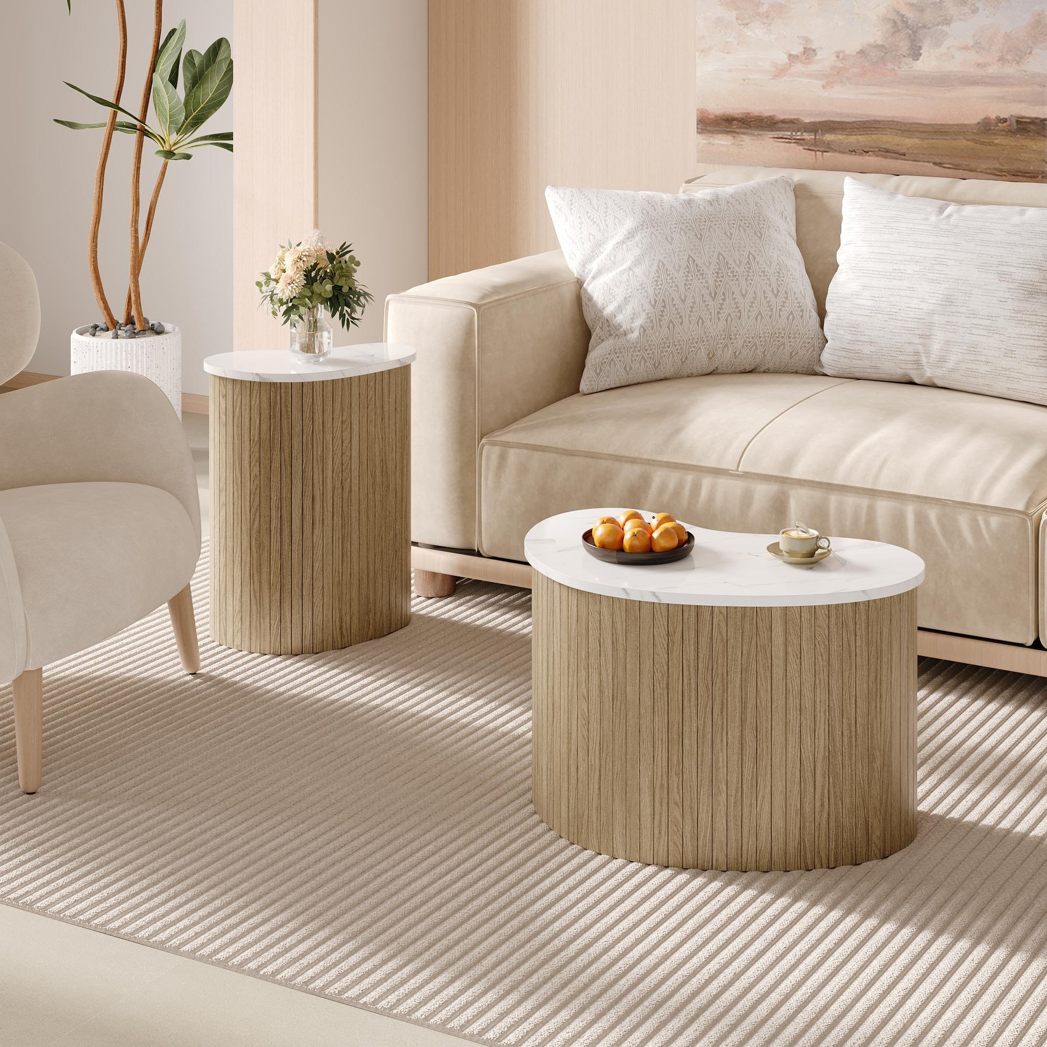Voir la diapositive 4 : MERAX Table basse gigogne ronde naturel+blanc - 60x60 cm mdf
