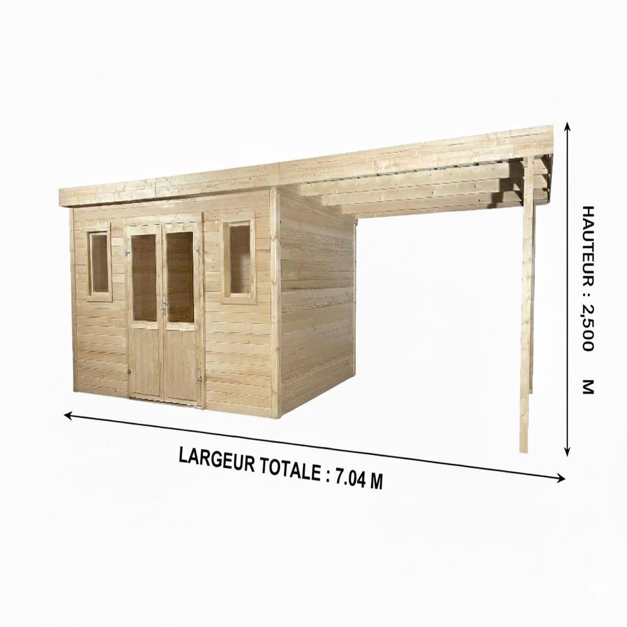 CENTRALE BRICO Abri de jardin bois avec terrasse 28,09 m² - madriers 28 mm - toit monopente acier - double porte vitrée + fenêtres