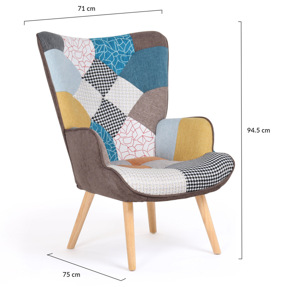ID MARKET Fauteuil scandinave IVAR en tissu patchwork multicouleurs