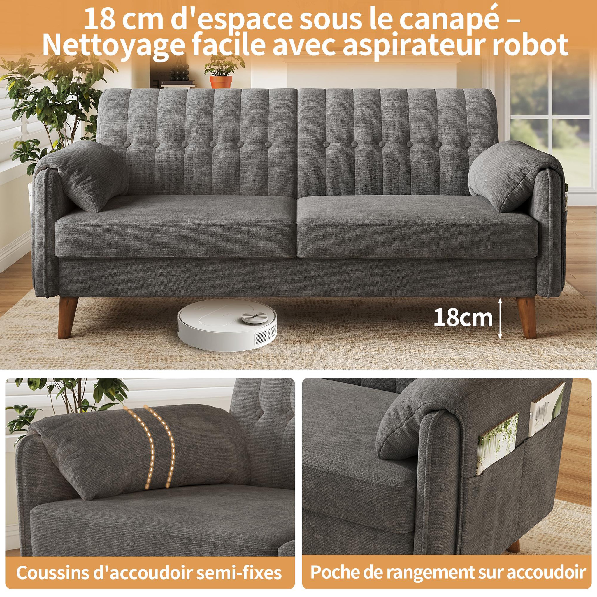Voir la diapositive 5 : MERAX Canapé 2 places tissu chenille avec poches latérales et pieds en bois