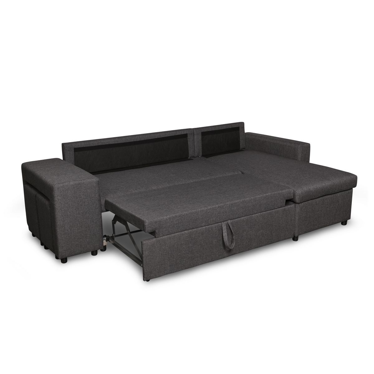  Canapé 3 places d'angle Droit convertible avec coffre Tissu gris foncé+ 2 poufs inclus ANETTA
