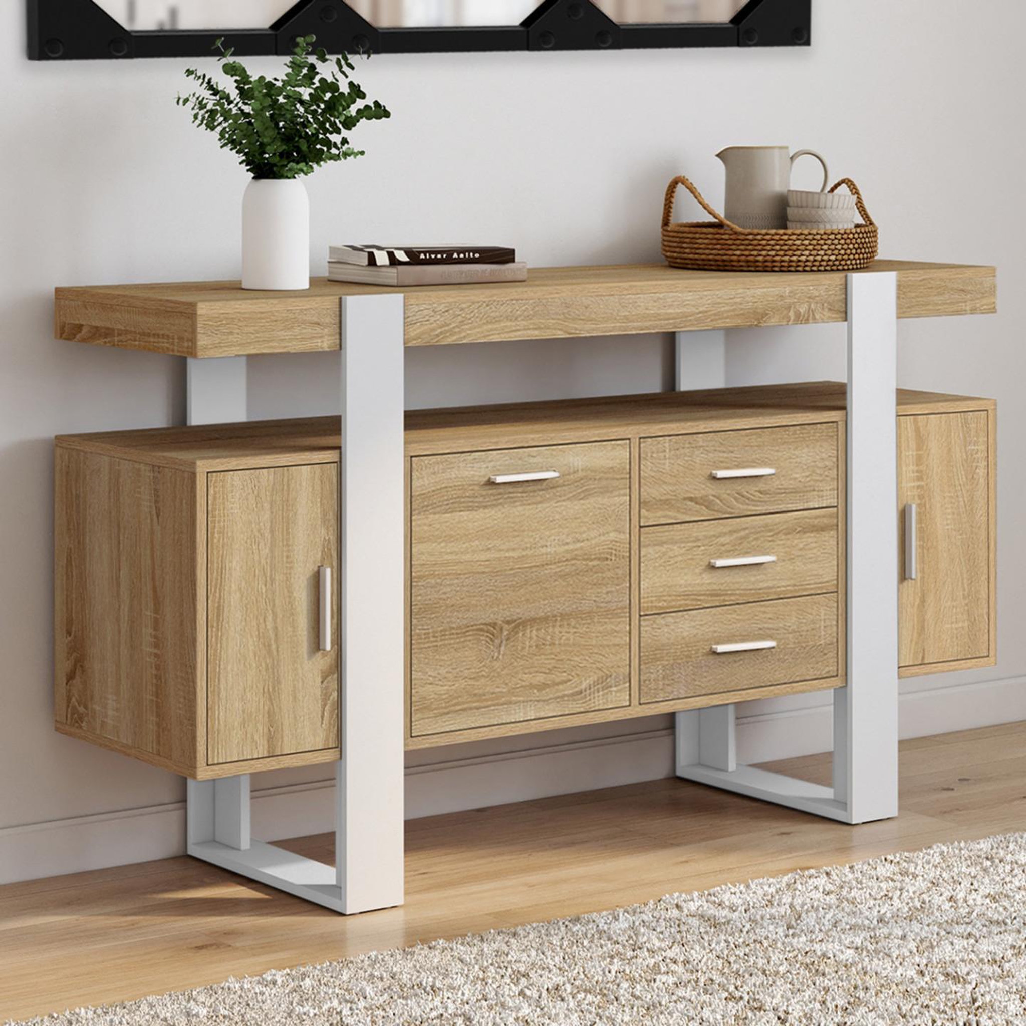 Voir la diapositive 2 : ID MARKET Buffet 140 cm phoenix 3 portes et 3 tiroirs bois et blanc