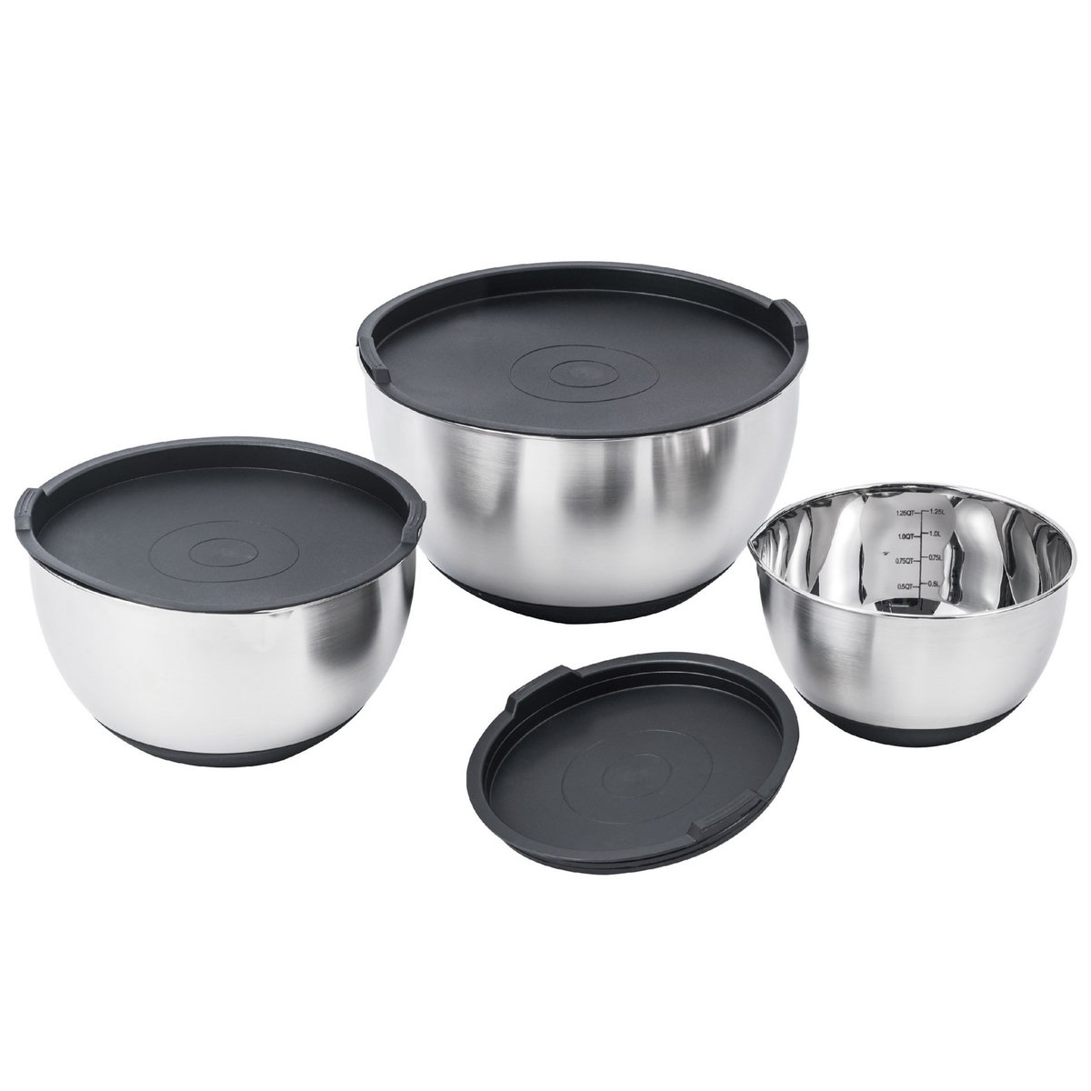 Lot de 3 Saladiers / bols mélangeurs en acier inoxydable avec couvercle et bec verseur ALVA