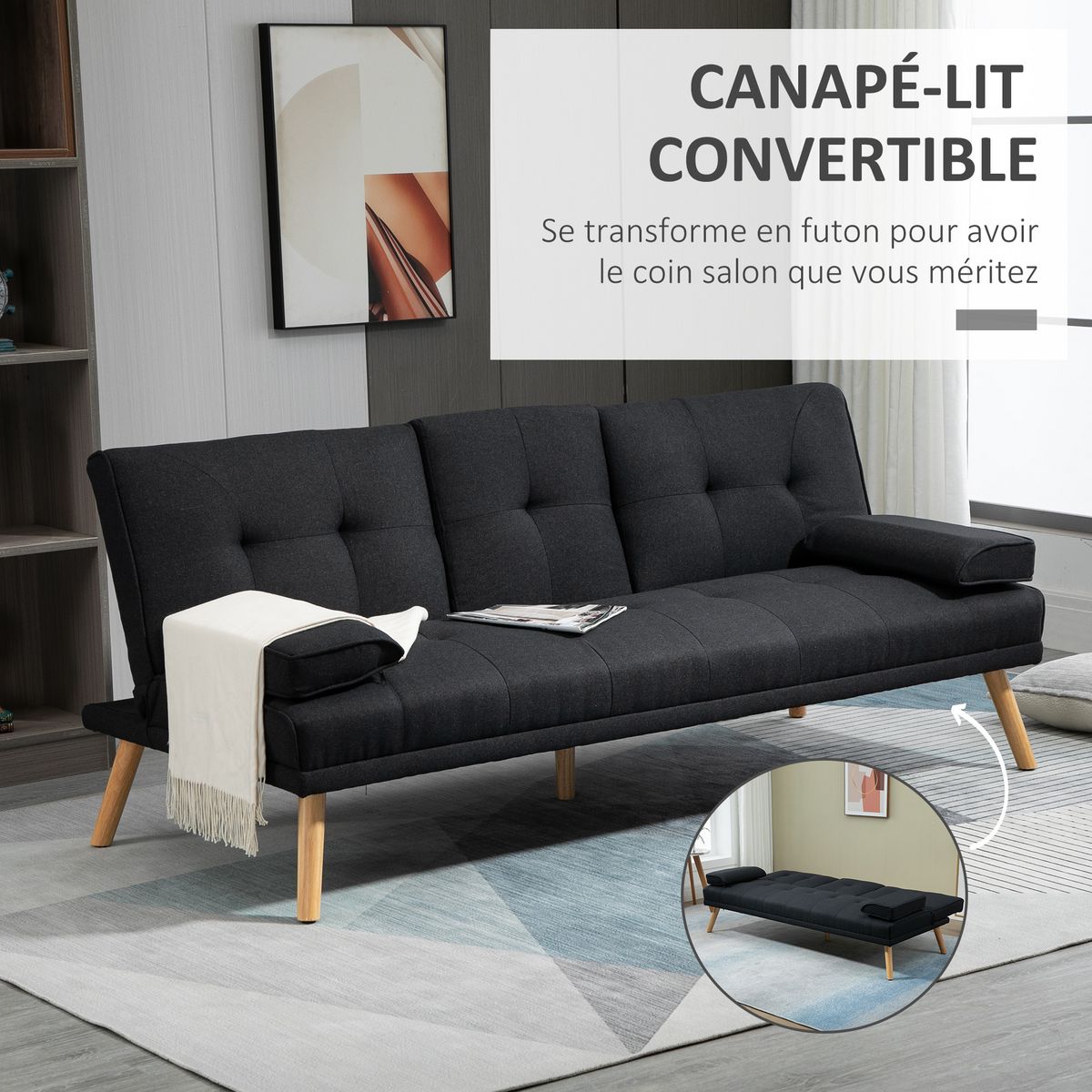 HOMCOM Canapé convertible 3 places design scandinave inclinaison dossier réglable 3 niveaux dossier centrale rabattable 2 porte-verres bois peuplier polyester anthracite