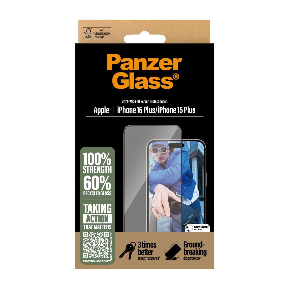PANZERGLASS Protège écran iPhone 16 Plus verre trempé Ultra-Wide F