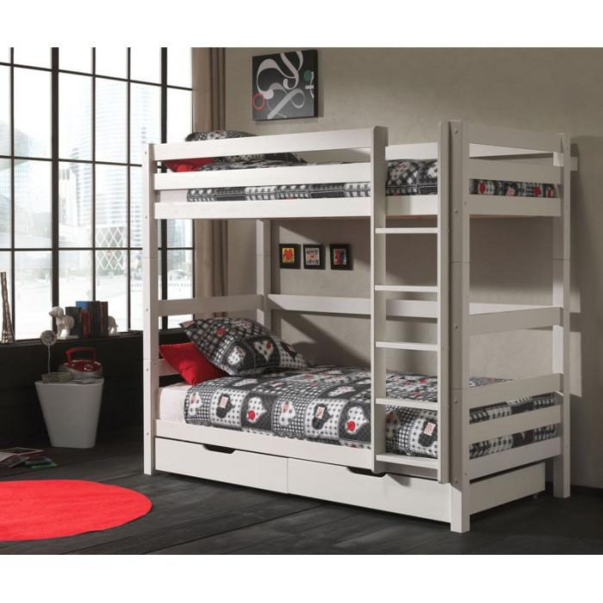 Paris Prix Lit Enfant Superposé Haut & 2 Tiroirs  Pino  90x200cm Blanc