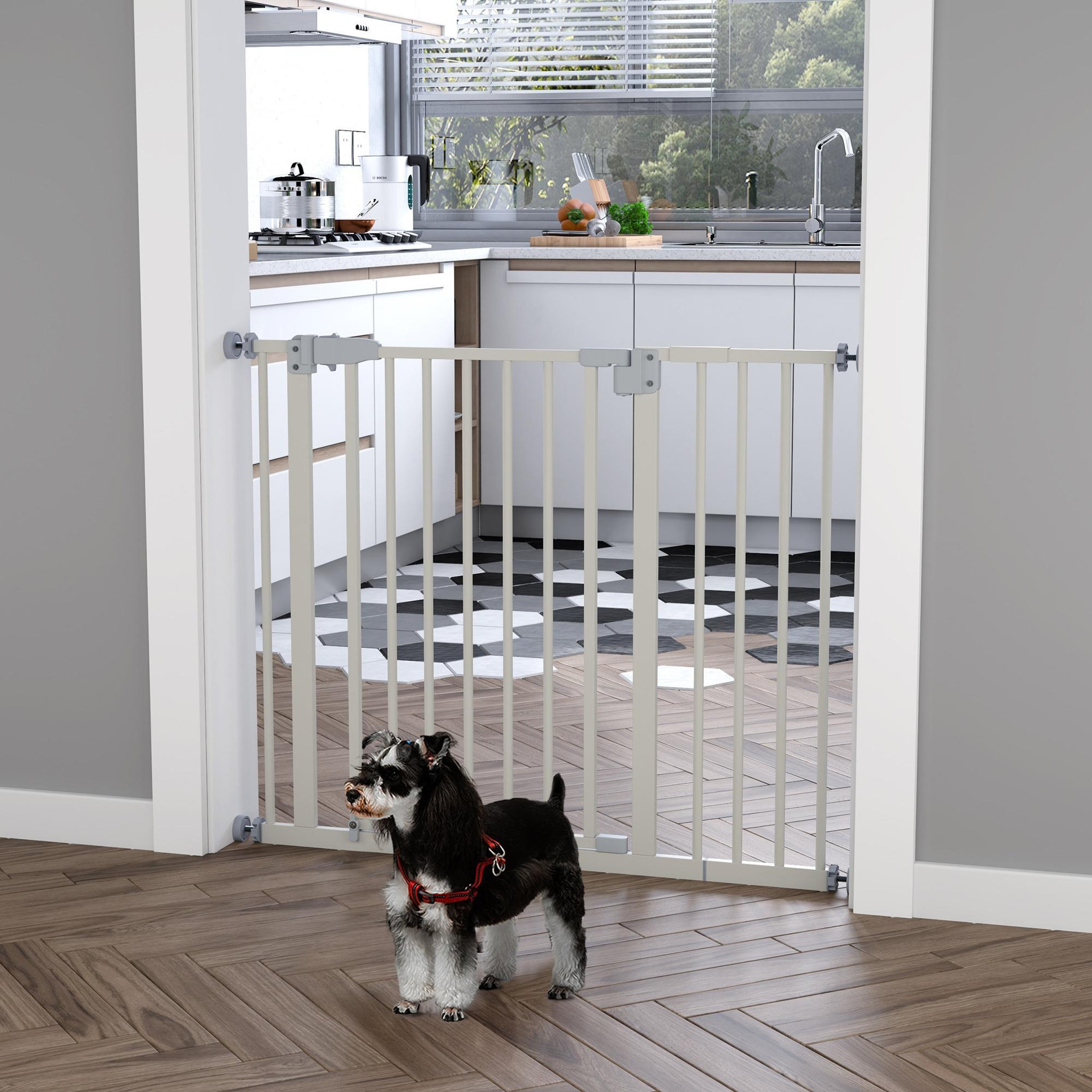 Voir la diapositive 4 : PAWHUT Barrière de sécurité animaux - longueur réglable dim. 74-97,5 cm - porte double verrouillage, ouverture double sens -sans perçage - acier plastique blanc