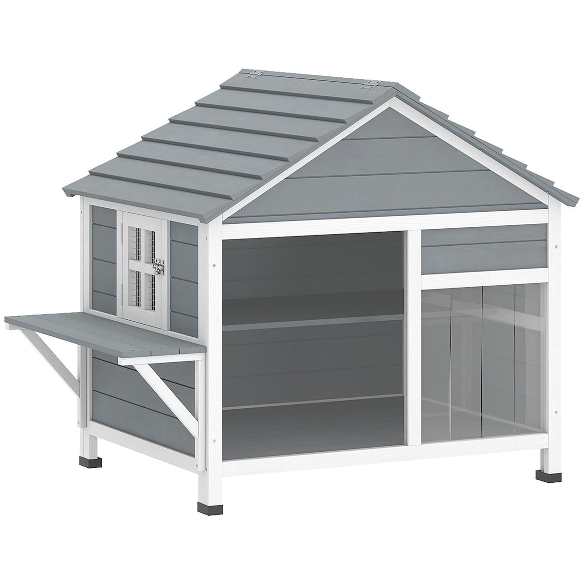 PAWHUT Niche maison pour chat bois - fenêtre verrouillable, étagères, portes, toit ouvrant - blanc gris