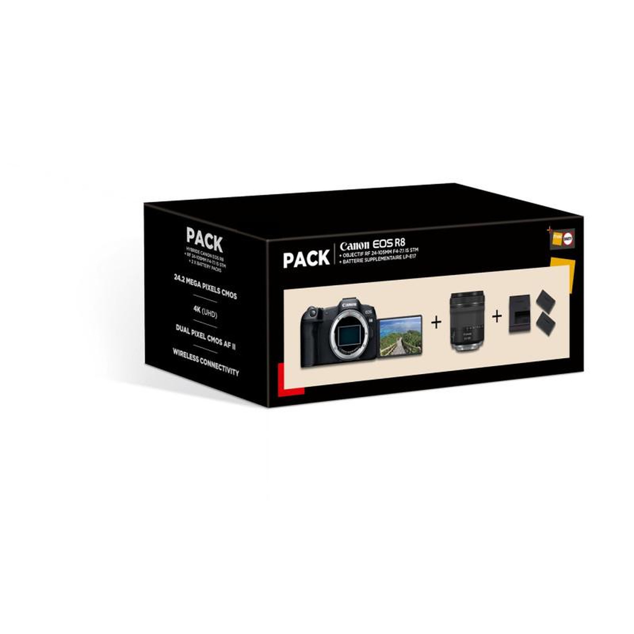 Canon Appareil photo hybride Canon Pack EOS R8 + RF 24 105mm F 4 7.1 IS STM + 2ème Batterie