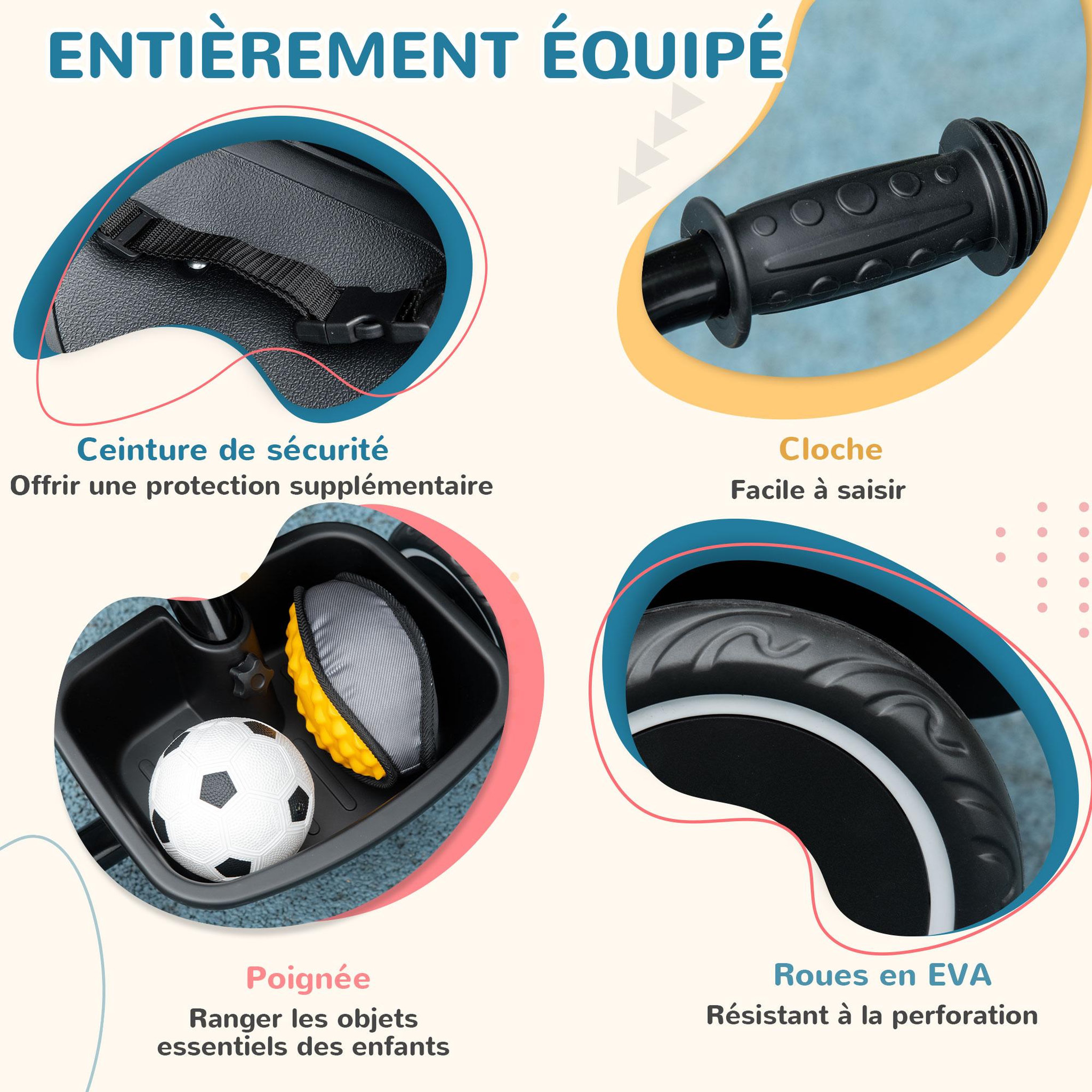 Voir la diapositive 4 : HOMCOM Tricycle pour enfant évolutif avec siège réglable - pédales - 2 paniers - ceinture - pour enfant de 2 à 5 ans - noir