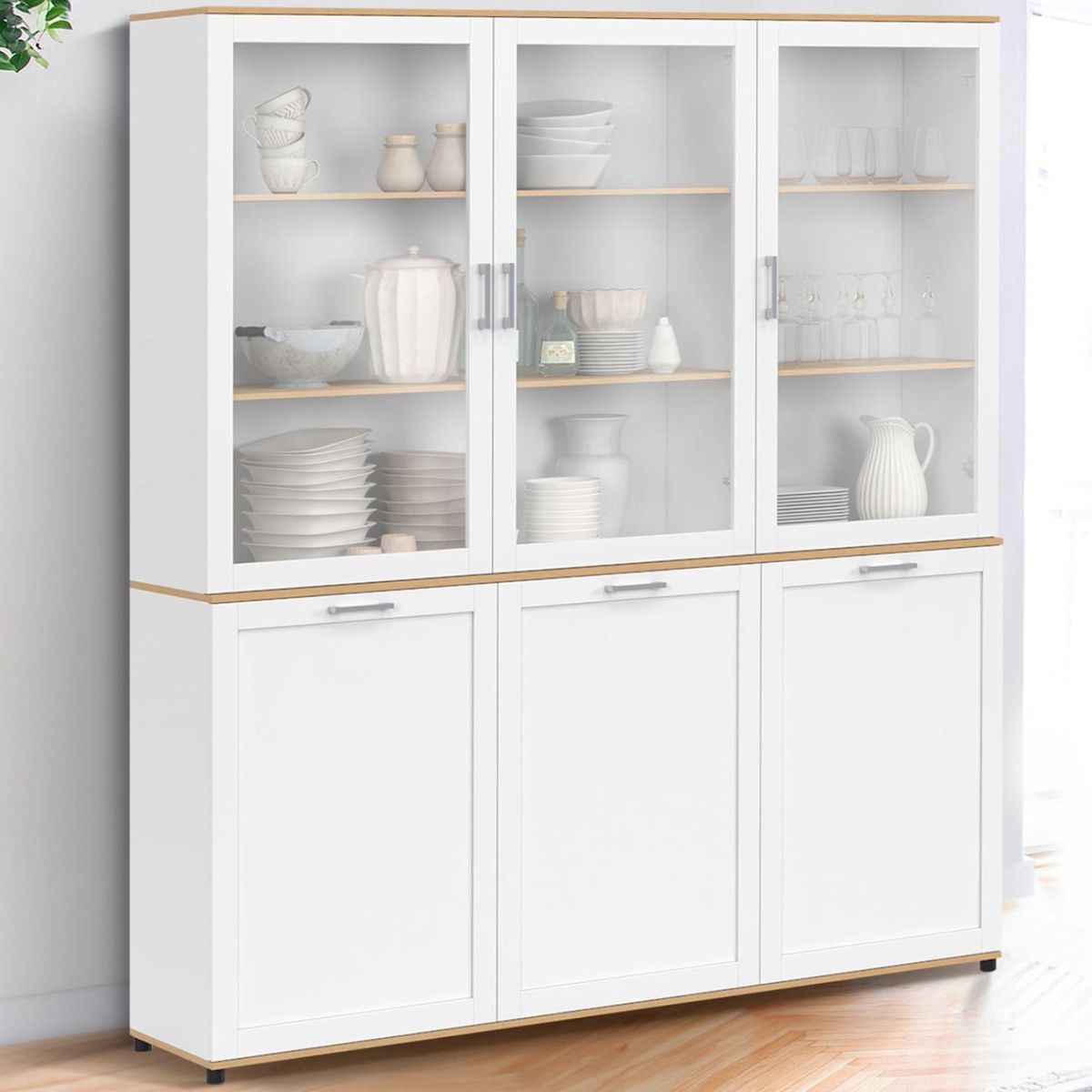ID MARKET Buffet vaisselier 160 cm VITO meuble de cuisine 6 portes blanc et bois