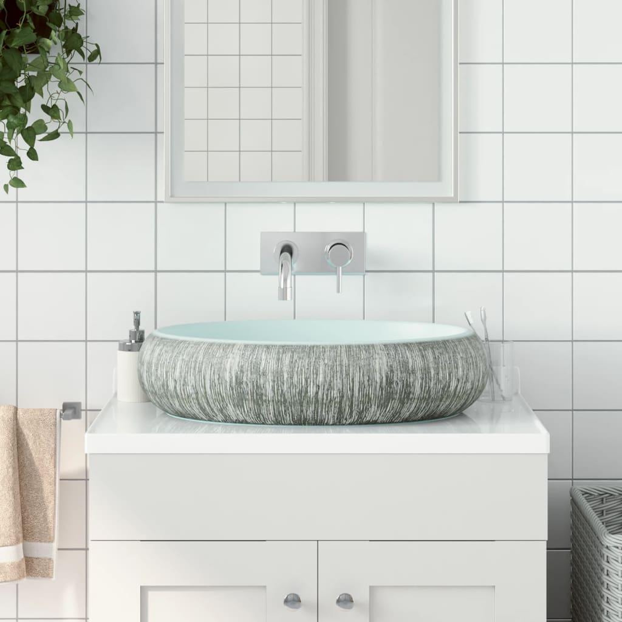 VIDAXL Vasque a poser gris et bleu ovale 59x40x15 cm ceramique