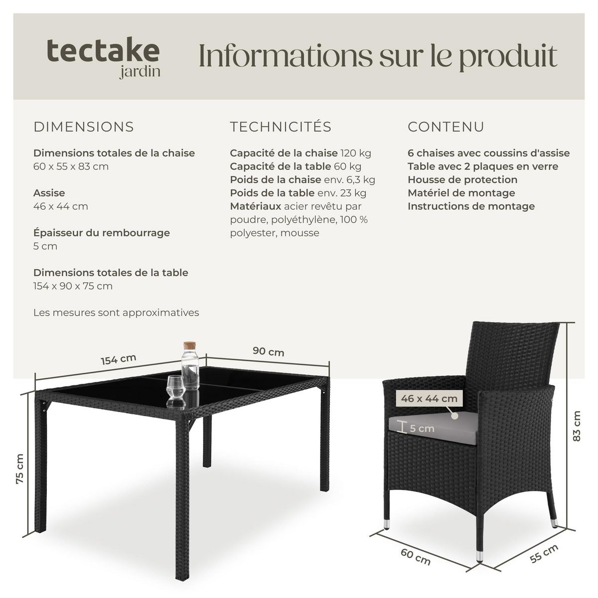 tectake Salon de jardin pour 6 personnes noir/gris