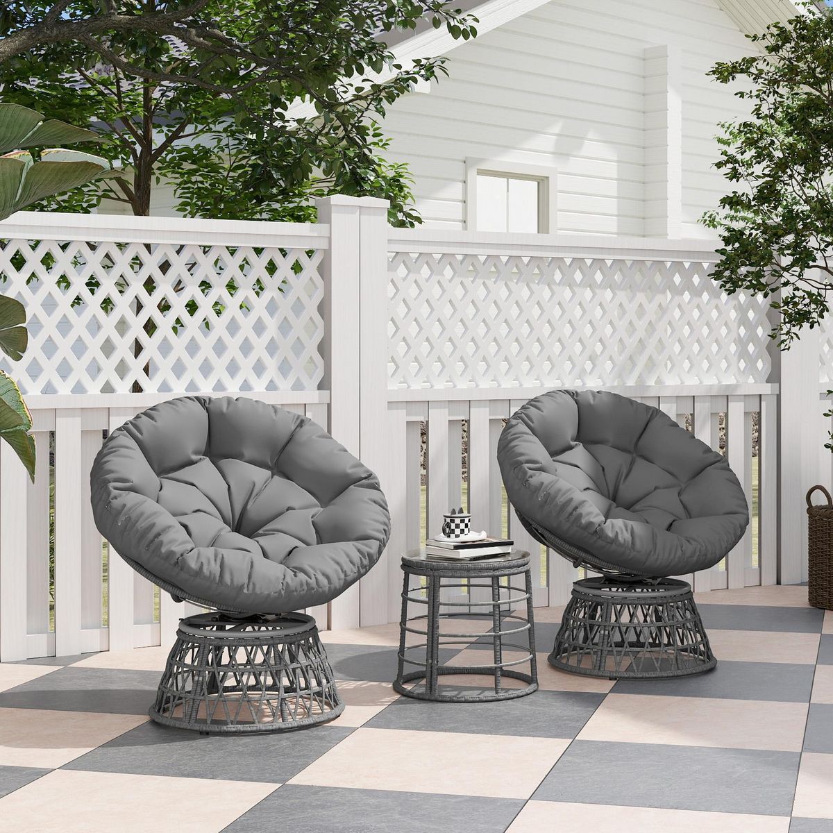 OUTSUNNY Ensemble salon de jardin 3 pcs - 2 fauteuils papasan, table basse - 2 grands coussins inclus - résine grise