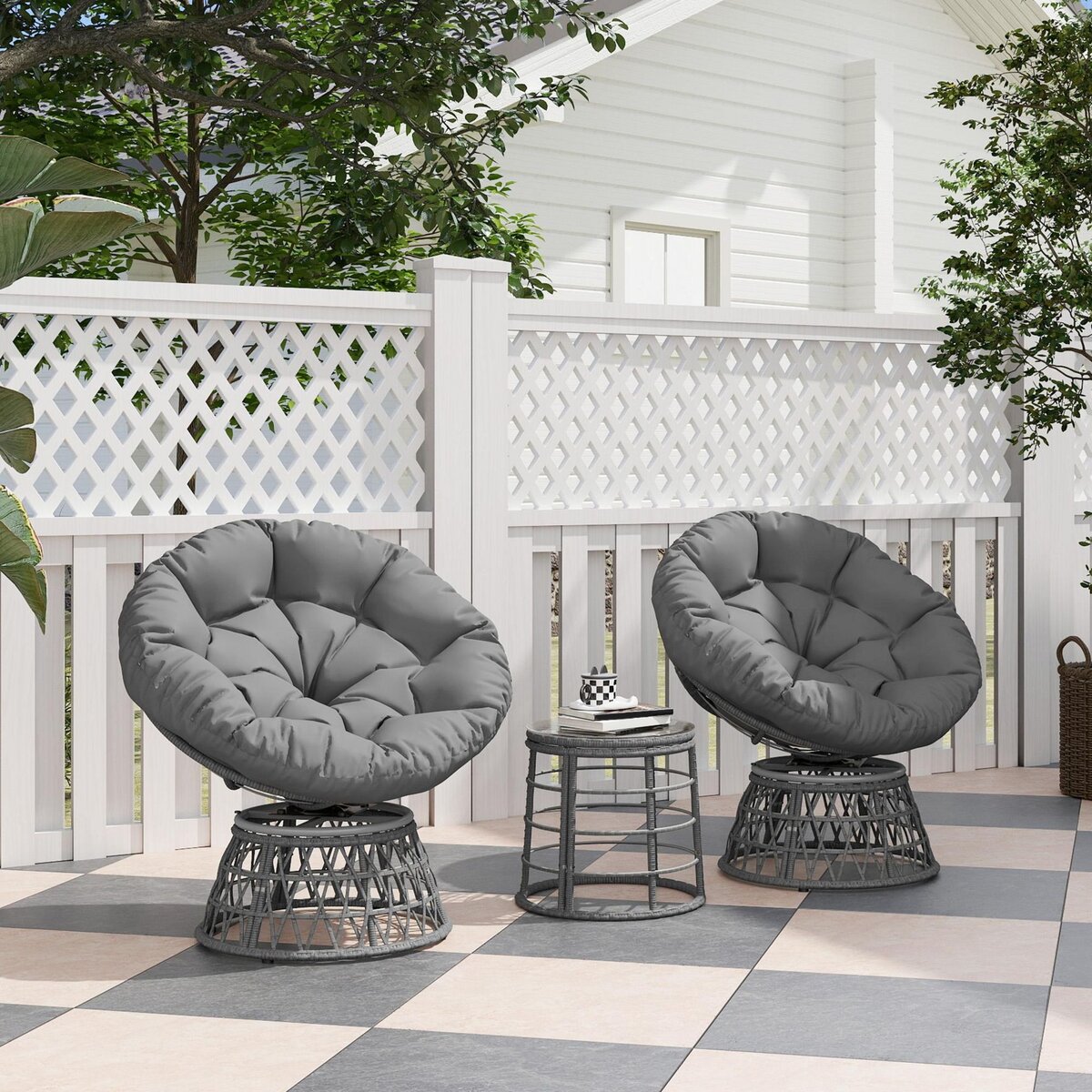 OUTSUNNY Ensemble salon de jardin 3 pcs - 2 fauteuils papasan, table basse - 2 grands coussins inclus - résine grise