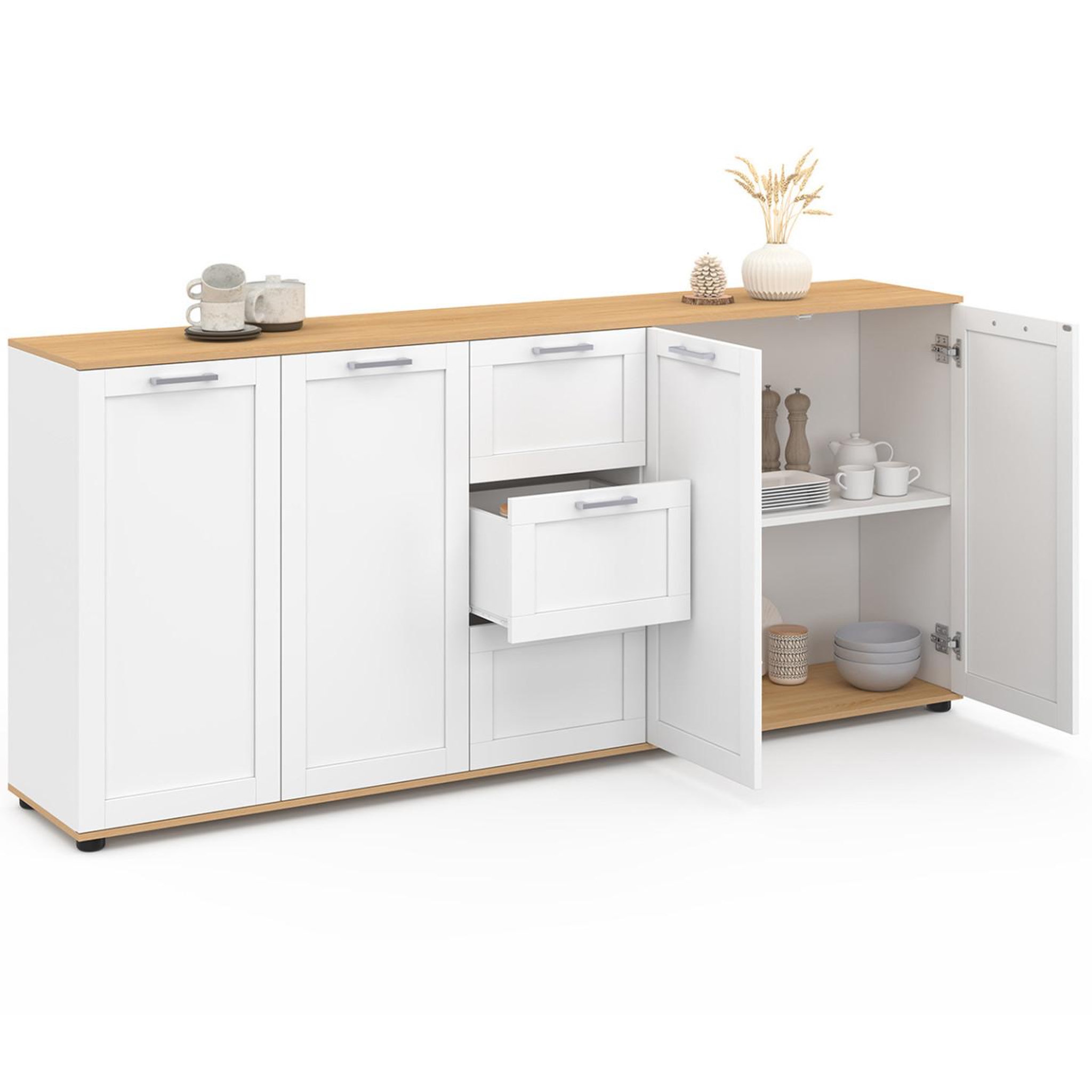 Voir la diapositive 4 : ID MARKET Buffet 180 cm VITO XXL 4 portes avec 3 tiroirs bois et blanc