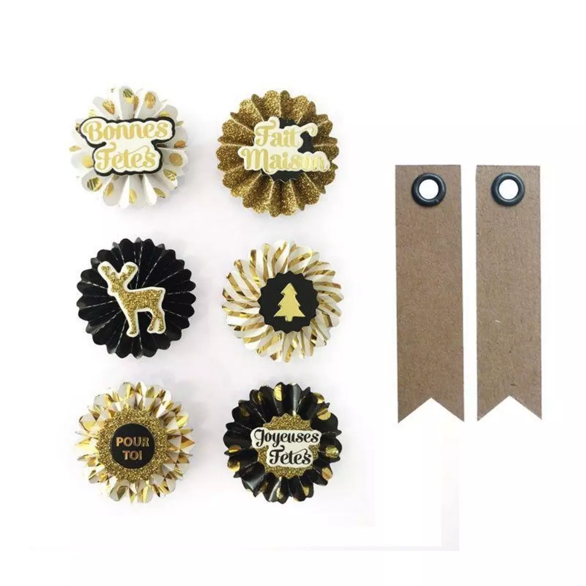 Graine créative 6 stickers 3D médaillons de Noël 4 cm + 20 étiquettes kraft Fanion