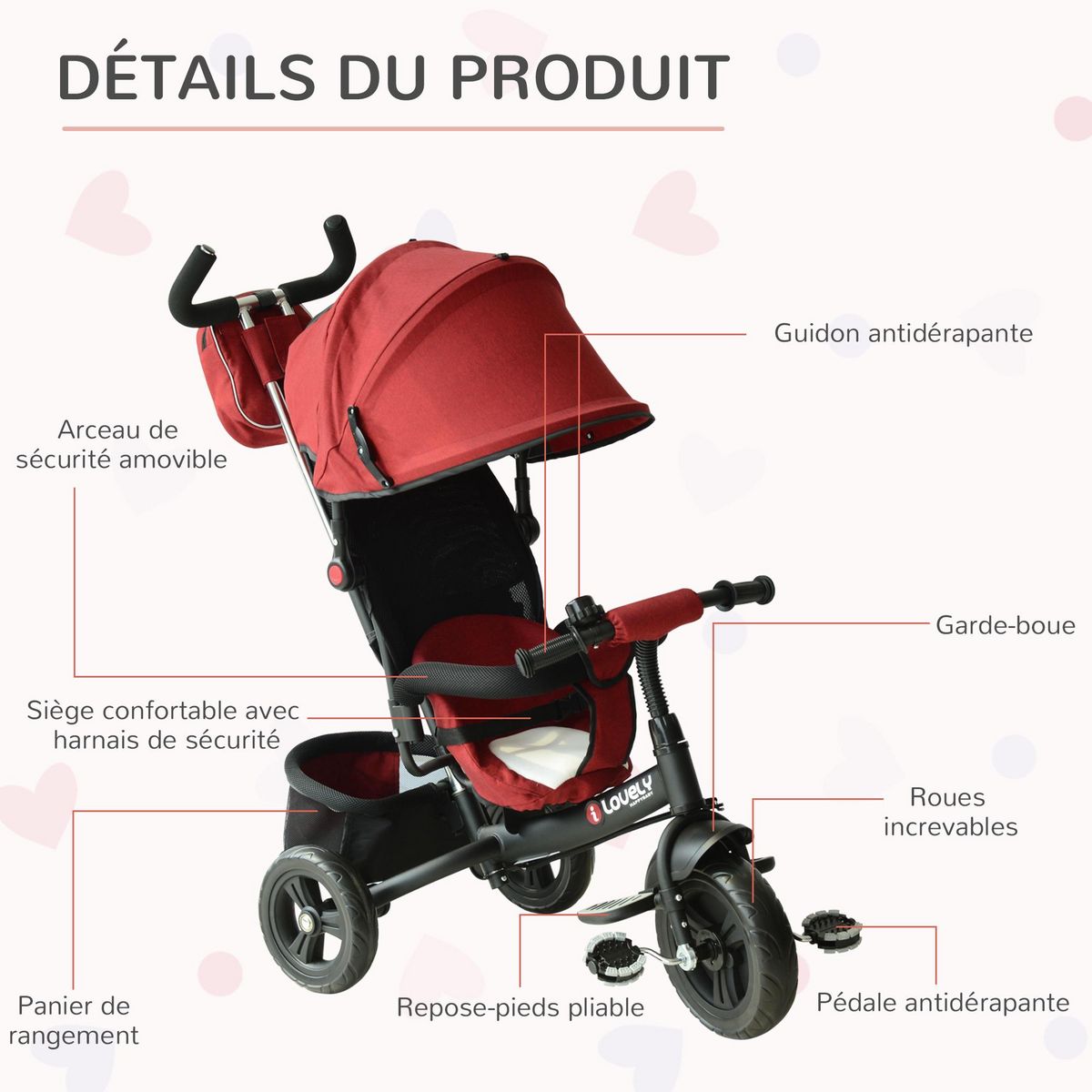 HOMCOM Tricycle enfants évolutif canne  et pare-soleil pliable amovible sacoche et panier 102 x 49l x 102 cm acier rouge brique noir