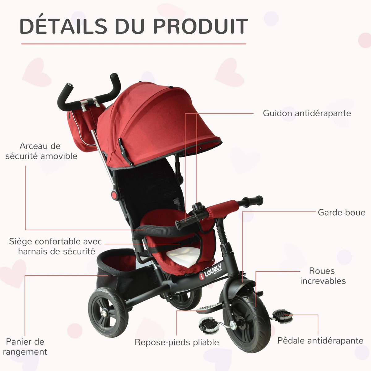 HOMCOM Tricycle enfants évolutif canne  et pare-soleil pliable amovible sacoche et panier 102 x 49l x 102 cm acier rouge brique noir