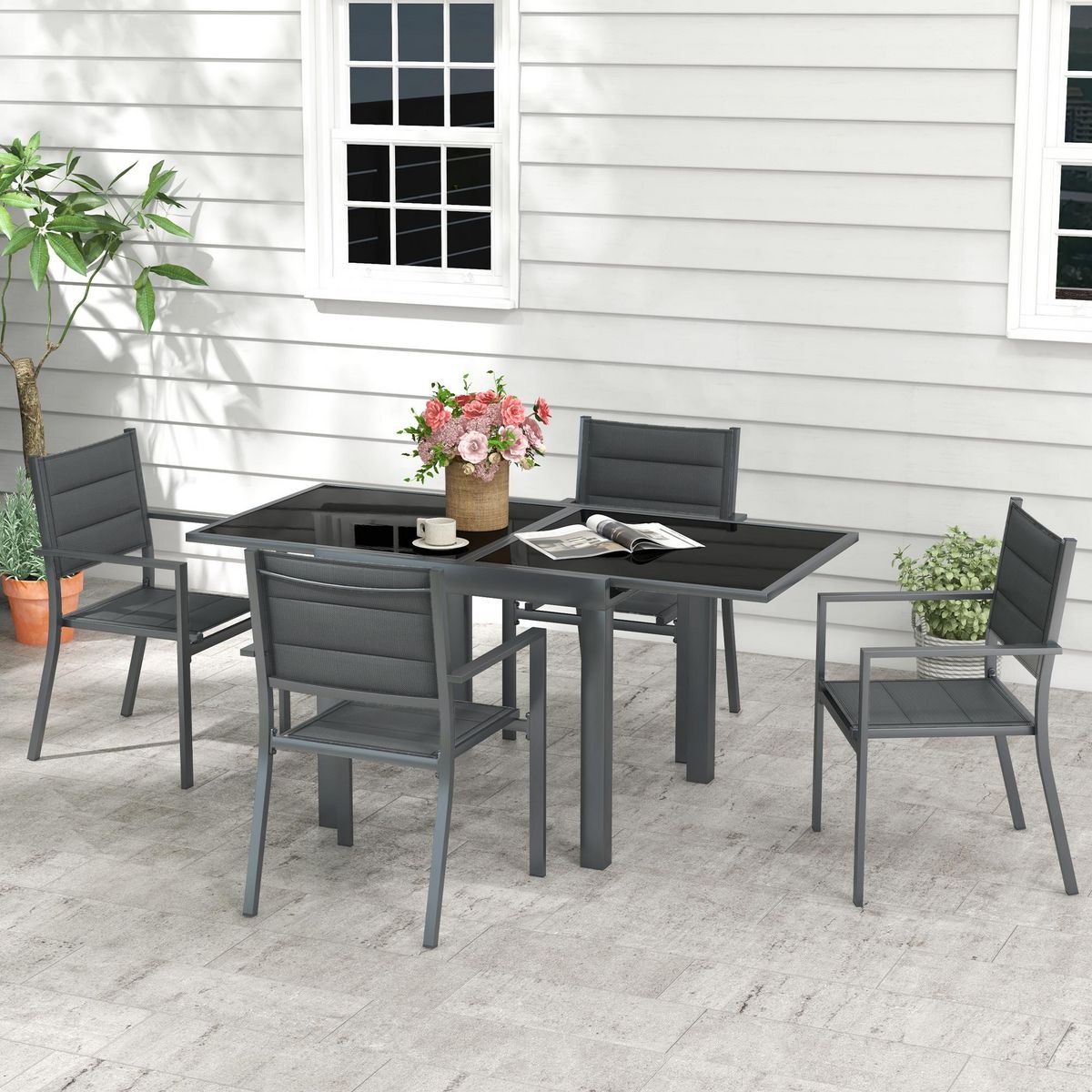 OUTSUNNY Ensemble de jardin 4 personnes chaises empilables table extensible 80/160L cm alu. teslin antracite