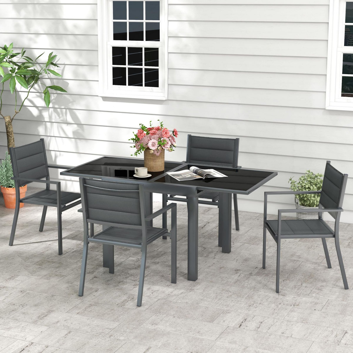 OUTSUNNY Ensemble de jardin 4 personnes chaises empilables table extensible 80/160L cm alu. teslin antracite