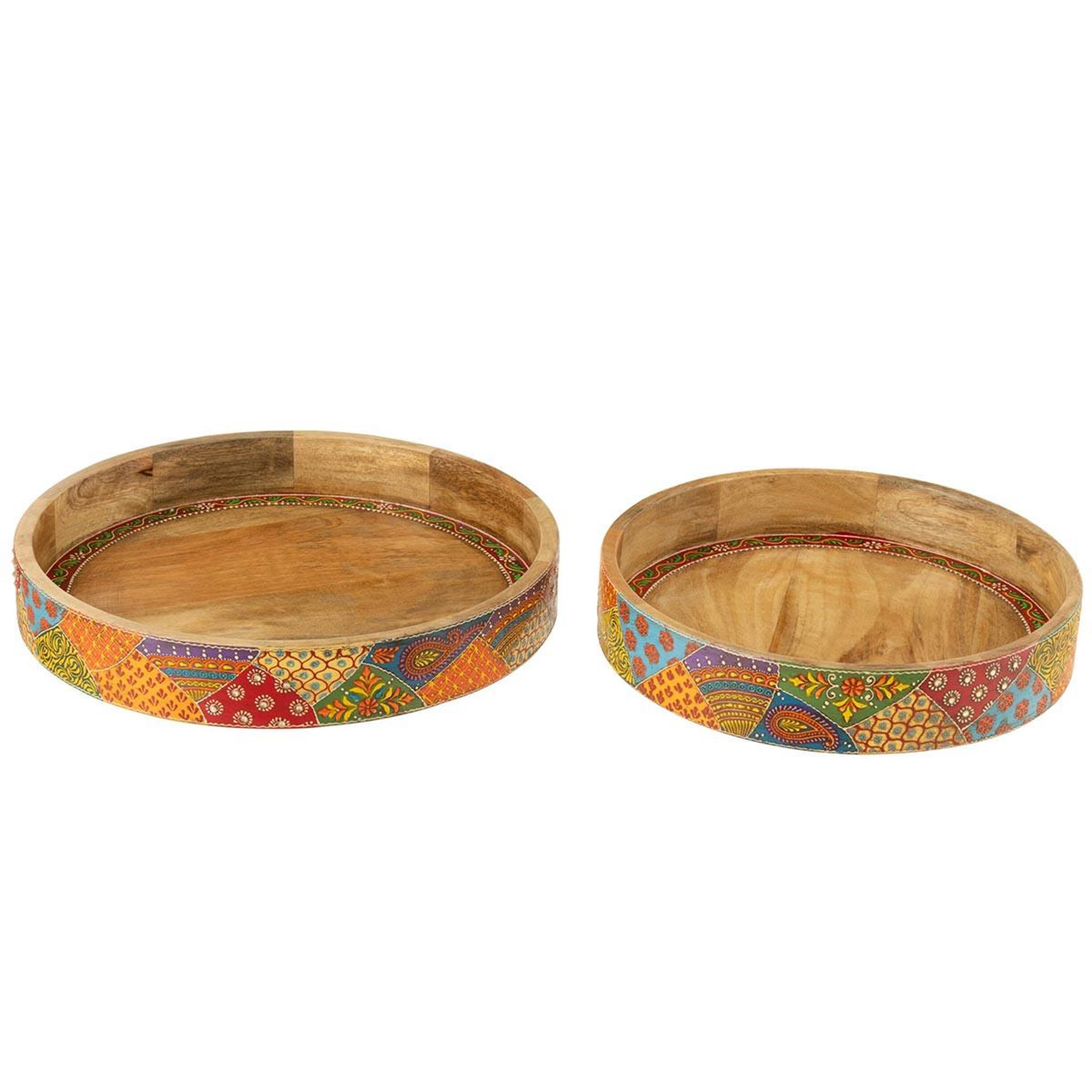 Voir la diapositive 2 : J-LINE Lot de 2 plateaux déco en bois  delhi  40cm multicolore