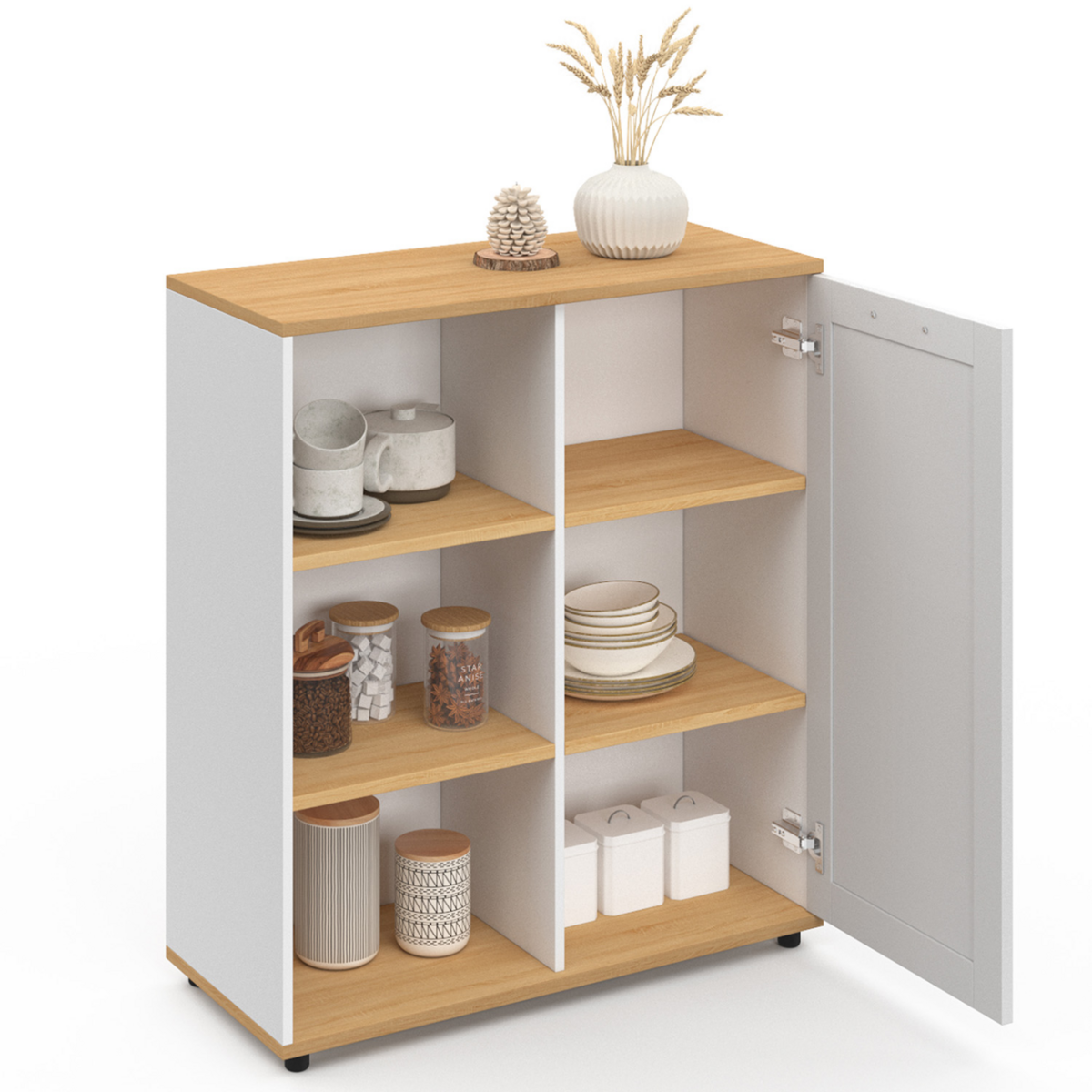 ID MARKET Buffet d'appoint 70 cm VITO 3 étagères et placard blanc et plateau bois