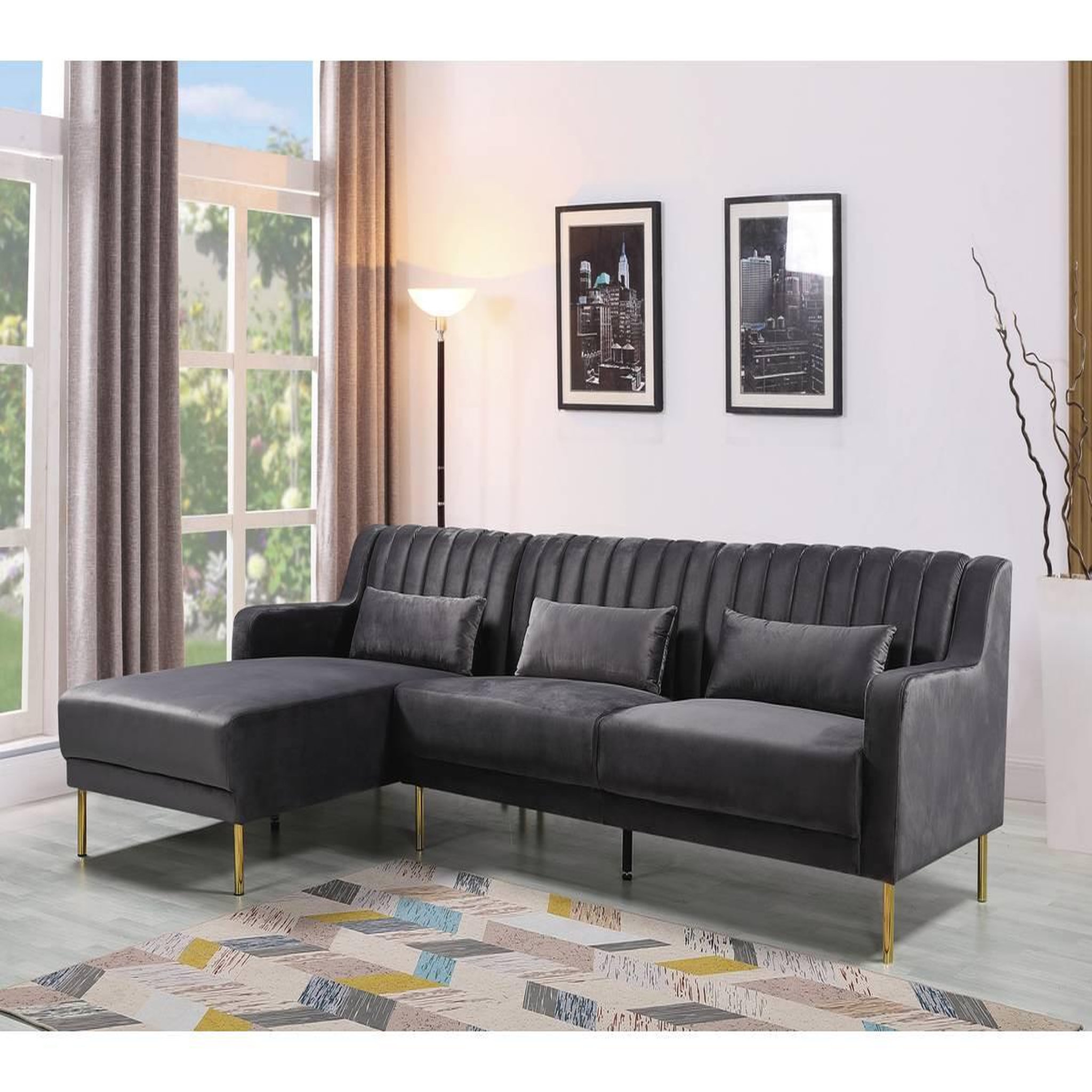 Voir la diapositive 2 : Habitat et Jardin Canapé d'angle en velours  oliver  - 275 x 161 x 81 cm - 5 places - gris - angle gauche