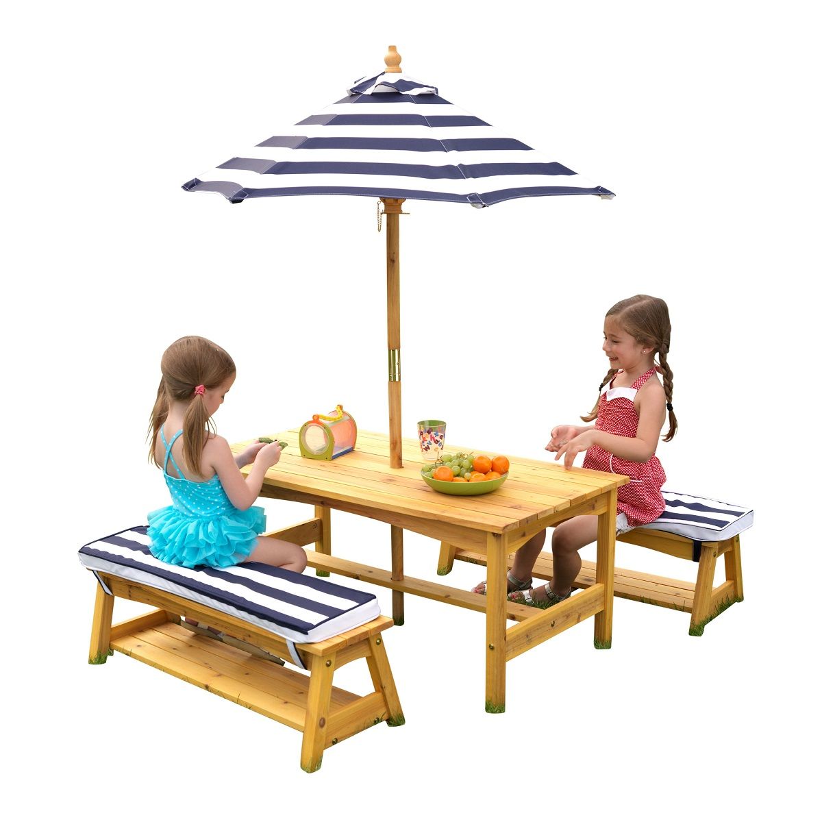 Kidkraft Table et bancs de jardin enfant - Rayé bleu et blanc - Coussins et parasol