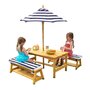 Kidkraft Table et bancs de jardin enfant - Rayé bleu et blanc - Coussins et parasol