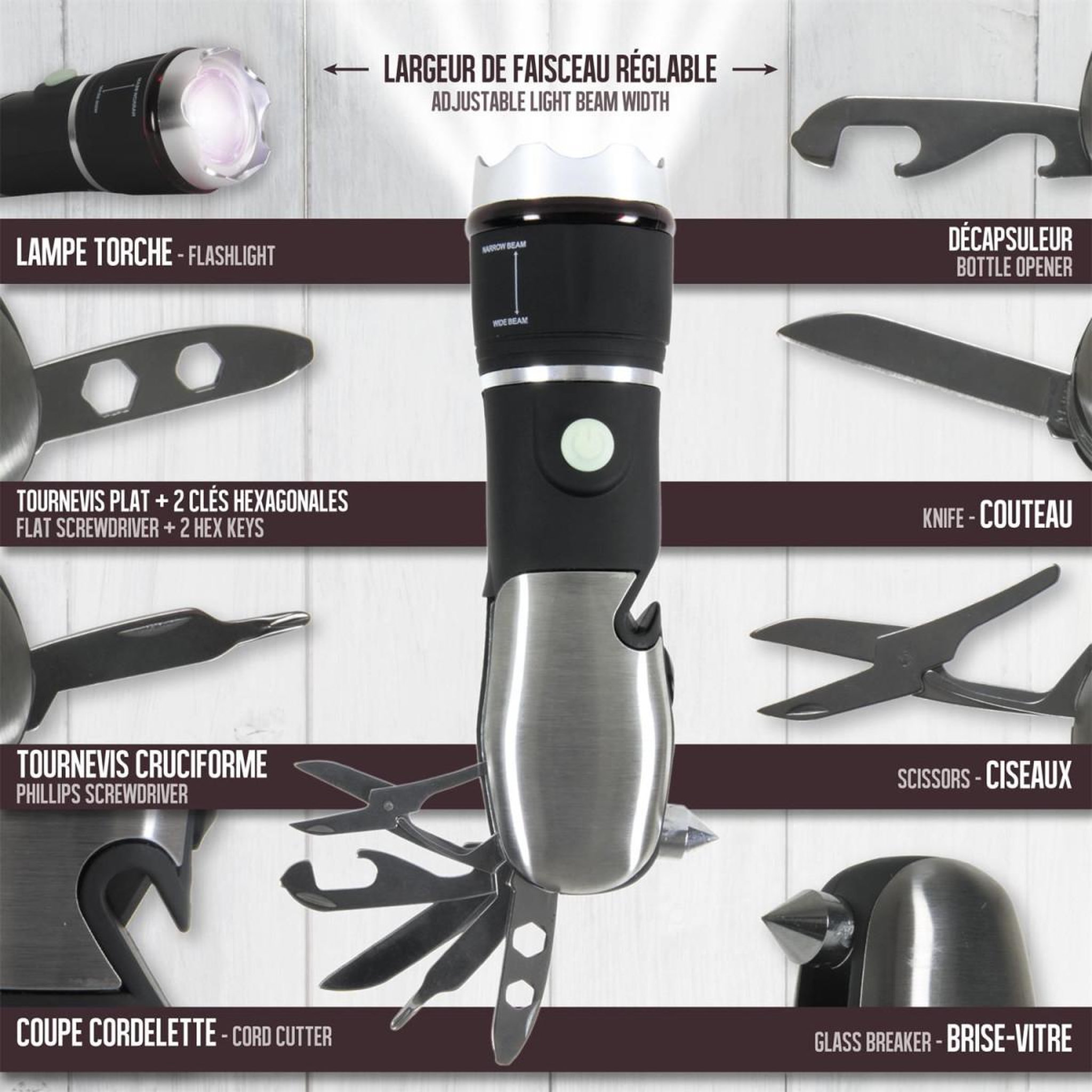 Voir la diapositive 2 : Je cherche une idee Lampe torche multifonction  8 en 1  17cm noir