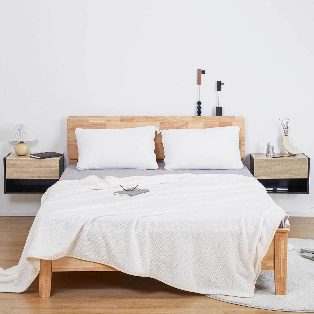 HOMCOM Lot de 2 tables de chevet murales - lot de 2 tables de nuit - tiroir coulissant, étagère - aspect chêne clair noir