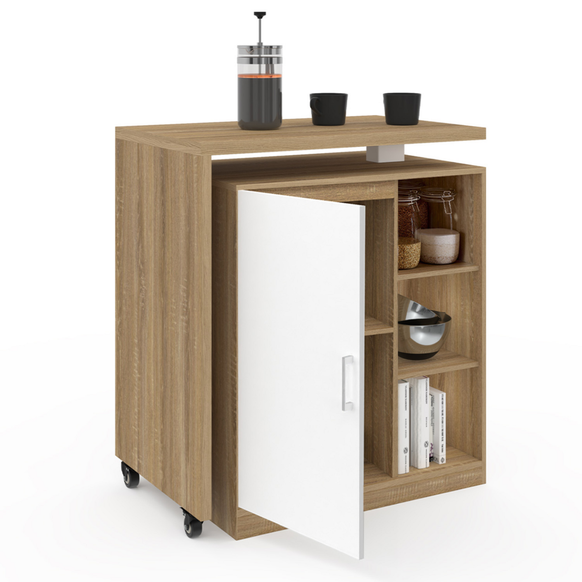 ID MARKET Ilot rotatif POLO meuble de bar pivotant 2 en 1 imitation hêtre porte blanche