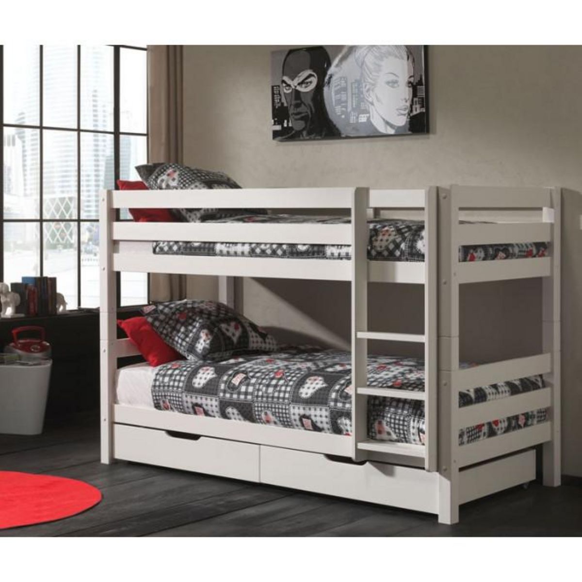 Paris Prix Lit Enfant Superposé & 2 Tiroirs de Lit  Pino  90x200cm Blanc