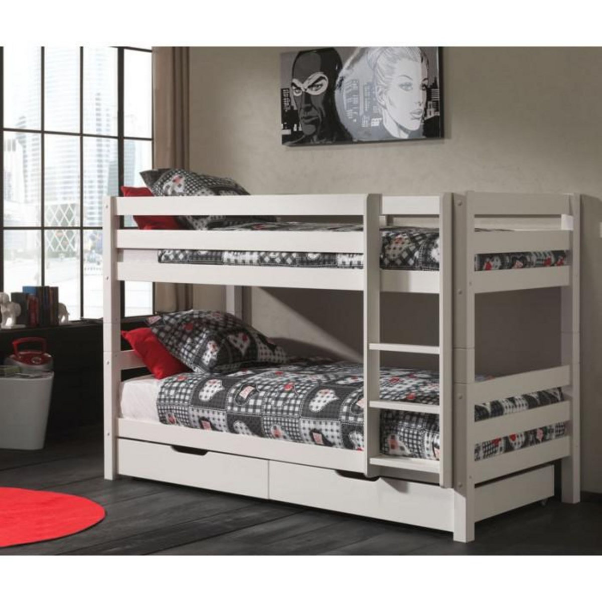 Paris Prix Lit Enfant Superposé & 2 Tiroirs de Lit  Pino  90x200cm Blanc