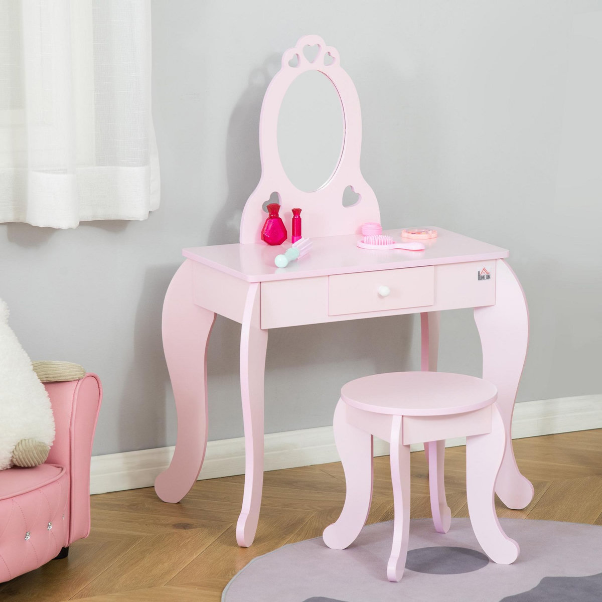 HOMCOM Coiffeuse enfant design girly avec motifs à coeur - tabouret inclus - dim. 60L x 36l x 88H cm - tiroir, miroir - MDF - rose
