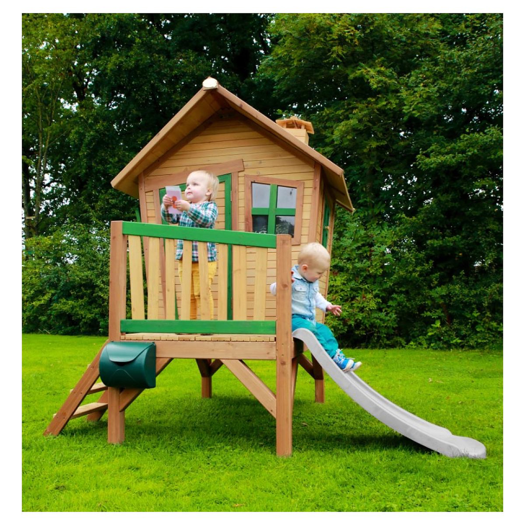 Voir la diapositive 2 : Axi House Maisonnette Robin marron-vert toboggan blanc