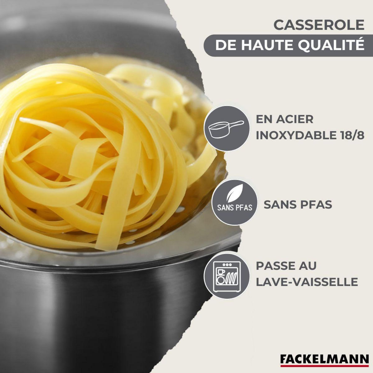 Fackelmann Set de 3 casseroles 12 16 20 cm en inox et 3 faitouts inox 16, 20 et 24 cm et 6 ustensiles Fackelmann Geneva