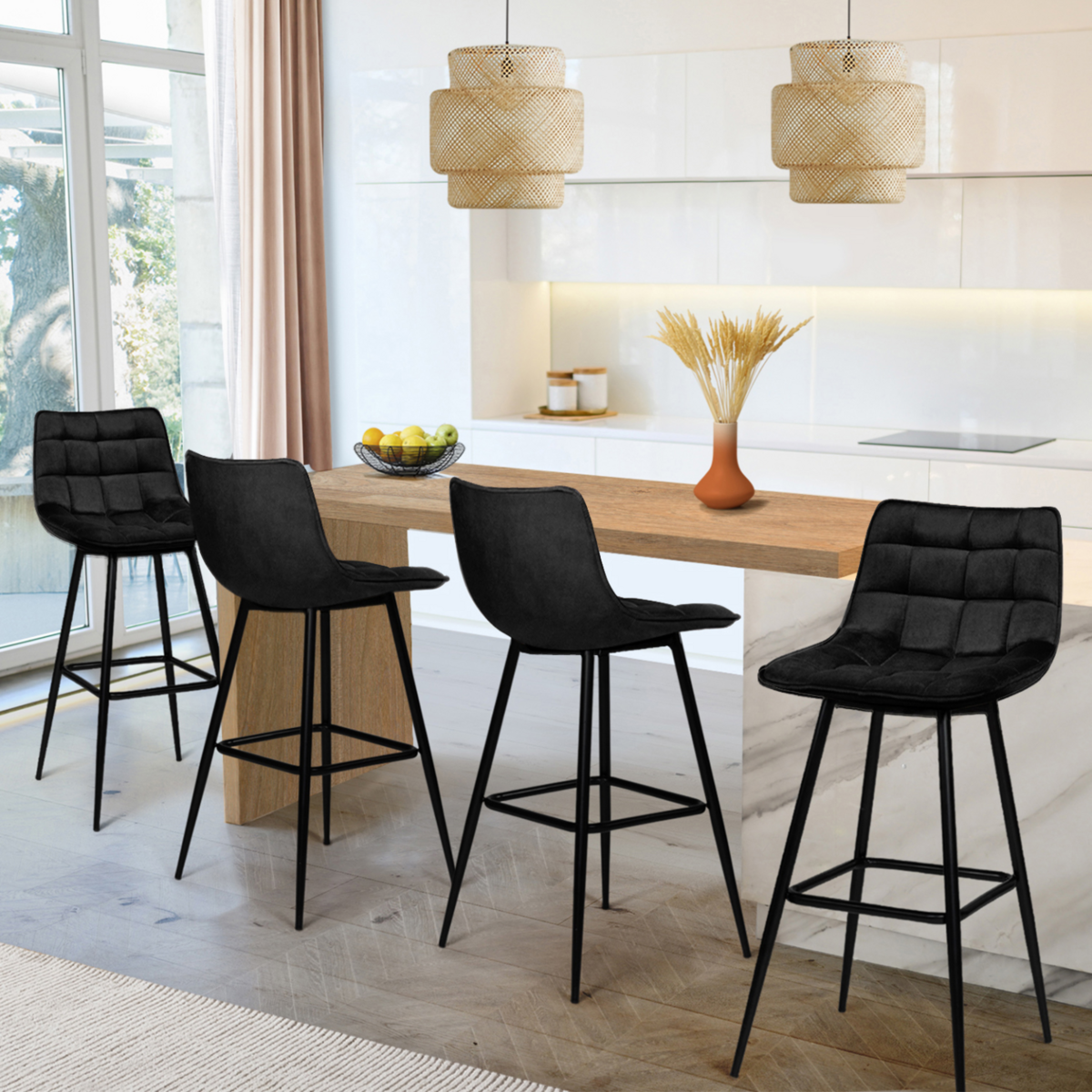 ID MARKET Lot de 4 tabourets de bar MADY en velours noir