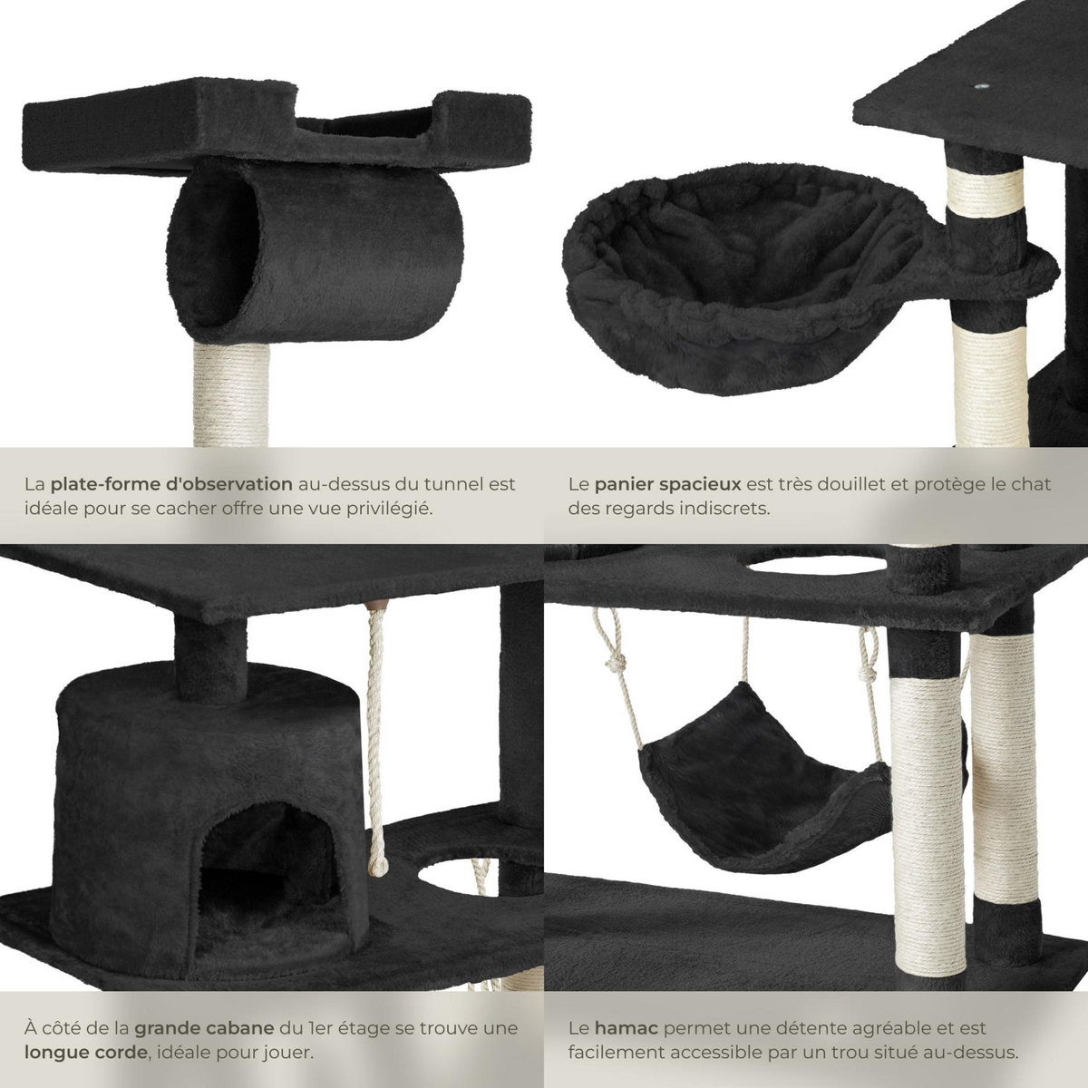 tectake Arbre à chat 141 cm avec griffoir et plateforme d'escalade noir