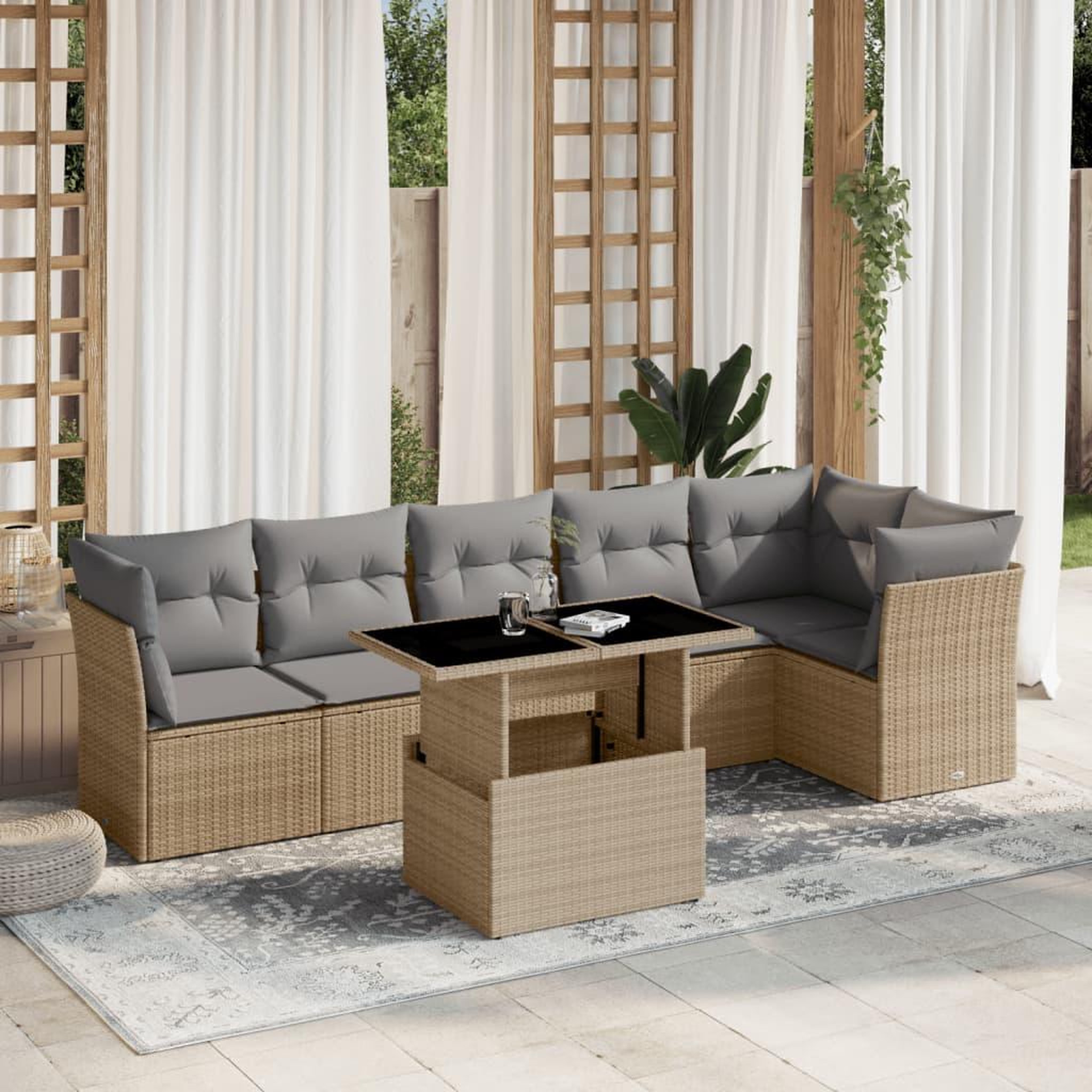 VIDAXL Salon de jardin avec coussins 7 pcs beige resine tressee