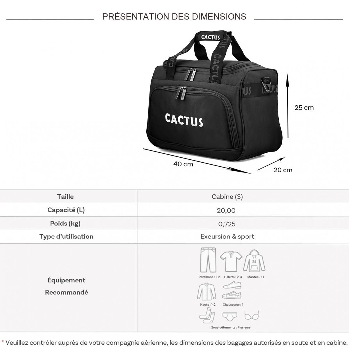 Cactus Sac de voyage 20L week-end et sport format Ryan Air sans roulettes
